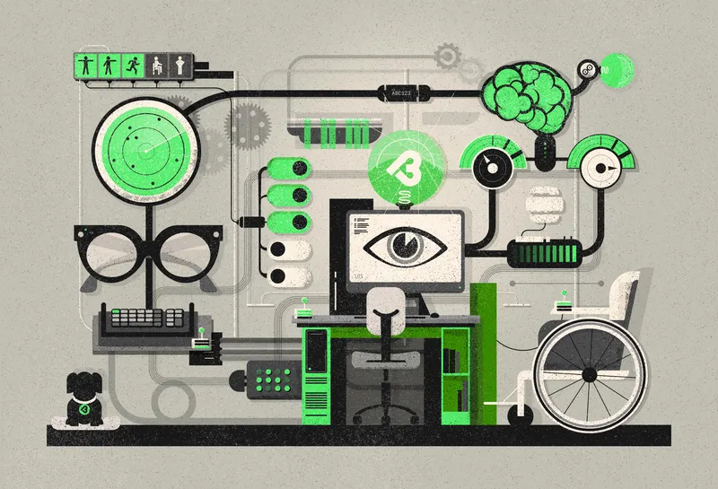 A portion of a larger Rube-Goldberg-like machine illustrating the relationship between accessibility, SEO and AI readability, and website performance.