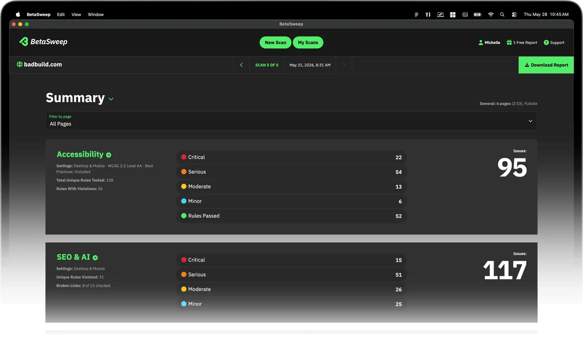 BetaSweep app showing a report summary