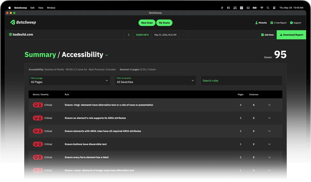 BetaSweep app showing details of the Accessibility report